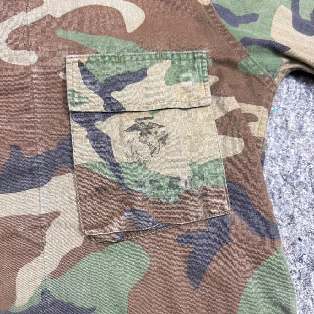 USMC Woodland Camo Combat Jacket Military Utility Shirt Eagle Globe Anchor XS